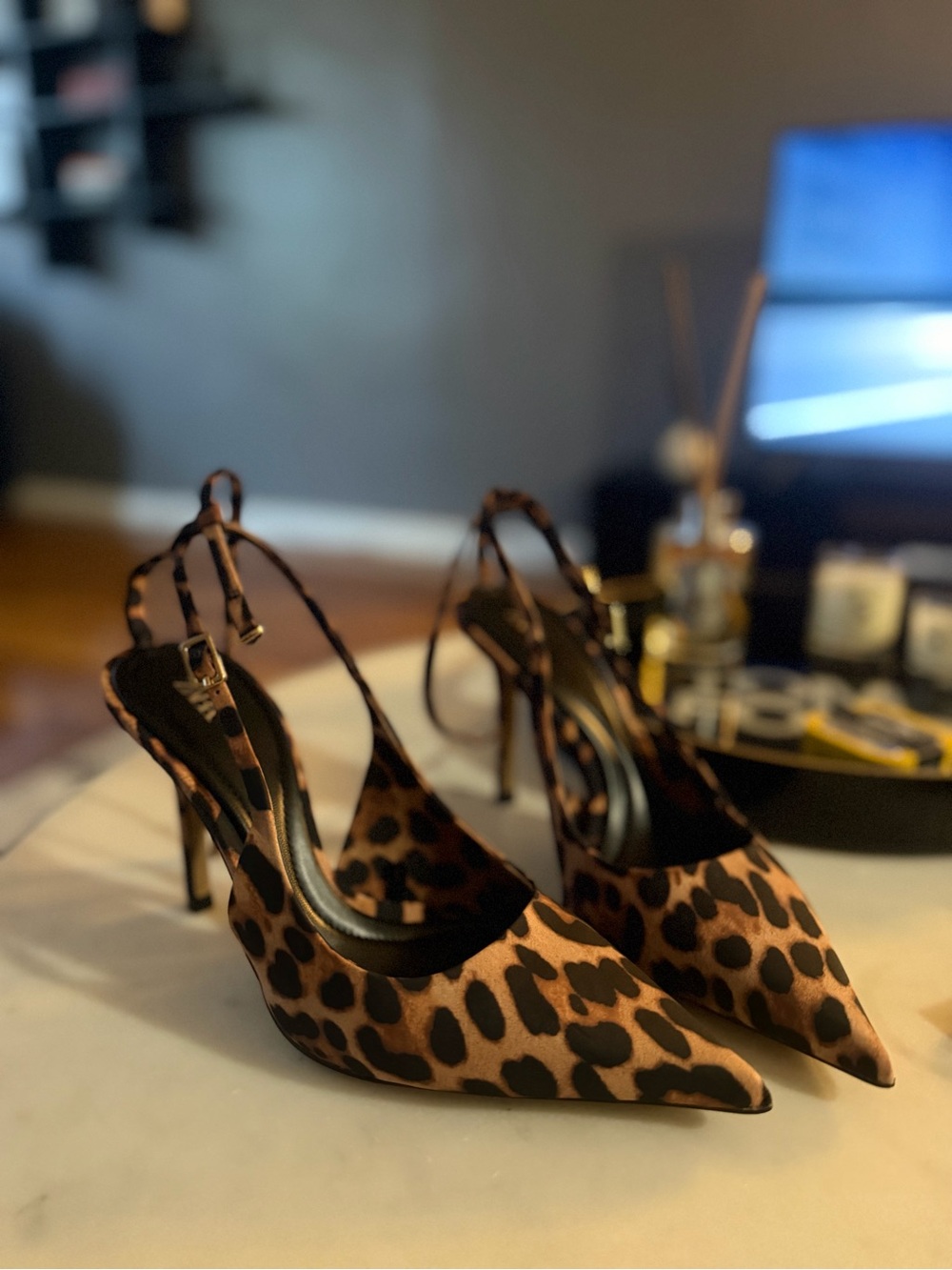 Zara Leopard Print Pointed Slingback Heels - Brown/Black